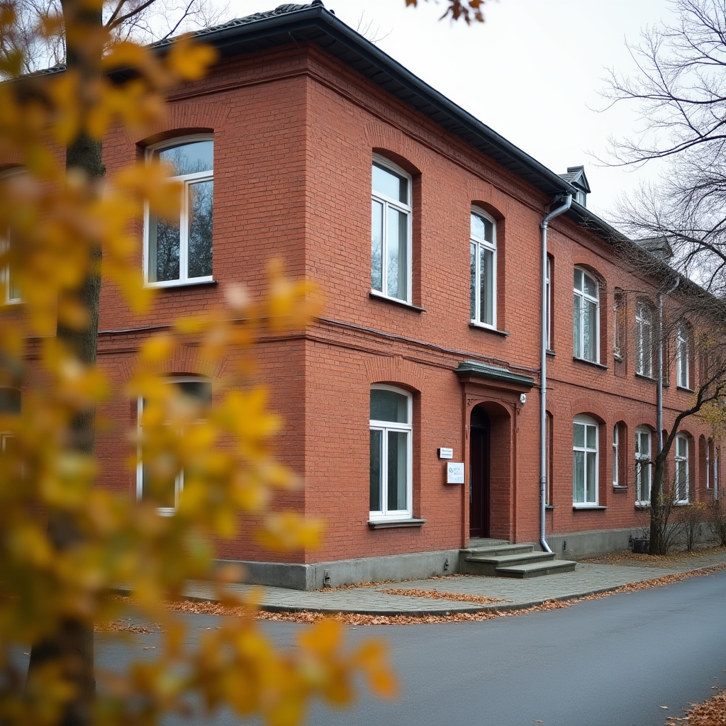 Fasada budynku centrum edukacji w Łodzi przy ulicy Piramowicza w słoneczny dzień