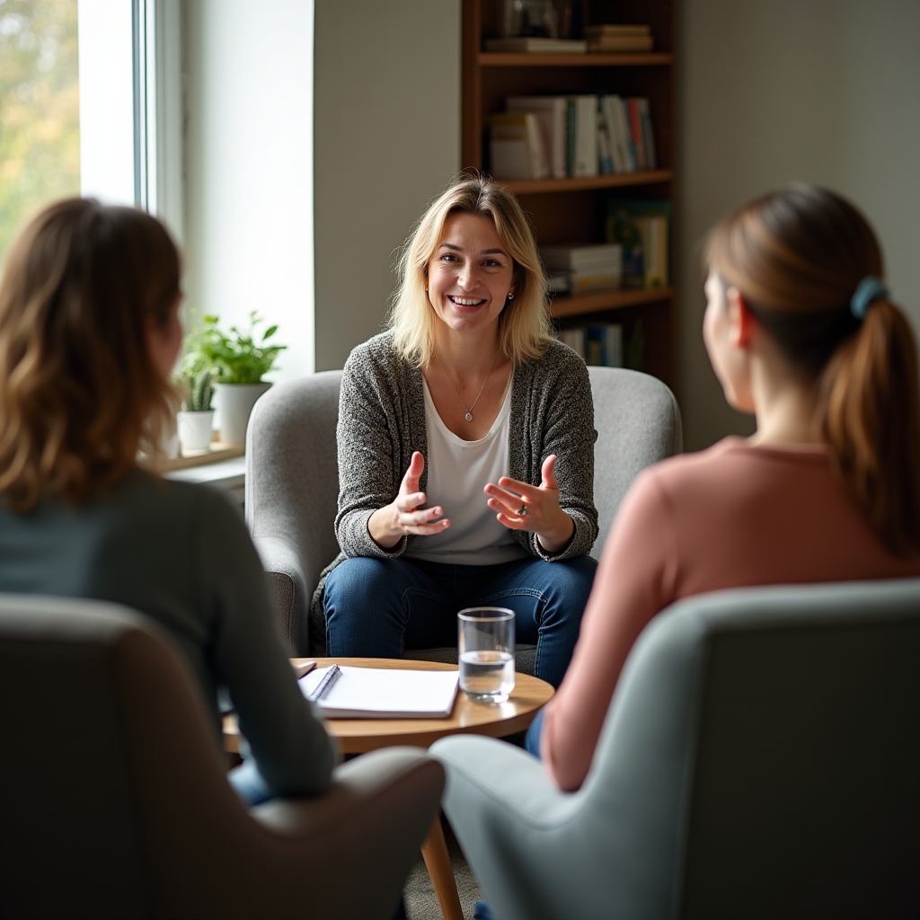 Prowadząca kurs rozmawia z uczestnikami przy okrągłym stole w spokojnej sali edukacyjnej